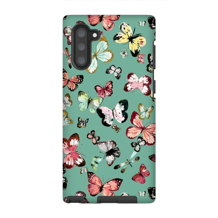 Galaxy Note 10 StrongFit Flying Butterflies Watercolor Teal by Ninola Design