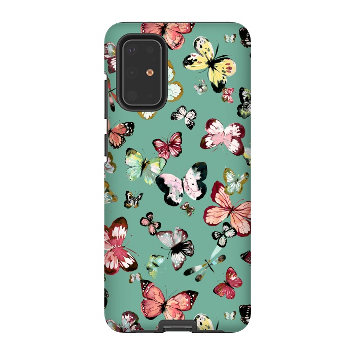 Galaxy S20 Plus StrongFit Flying Butterflies Watercolor Teal by Ninola Design