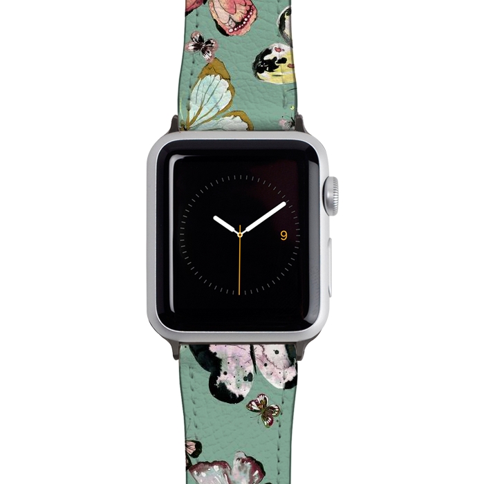 Watch 38mm / 40mm Strap PU leather Flying Butterflies Watercolor Teal by Ninola Design