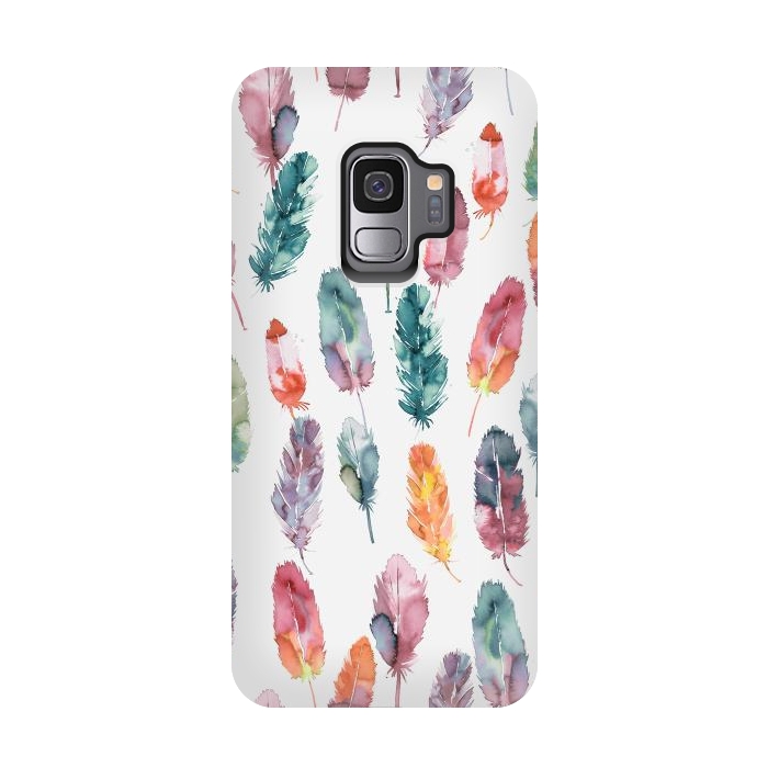 Galaxy S9 StrongFit Bohemian Feathers Watercolor Colorful by Ninola Design