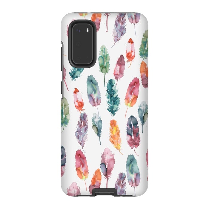 Galaxy S20 StrongFit Bohemian Feathers Watercolor Colorful by Ninola Design