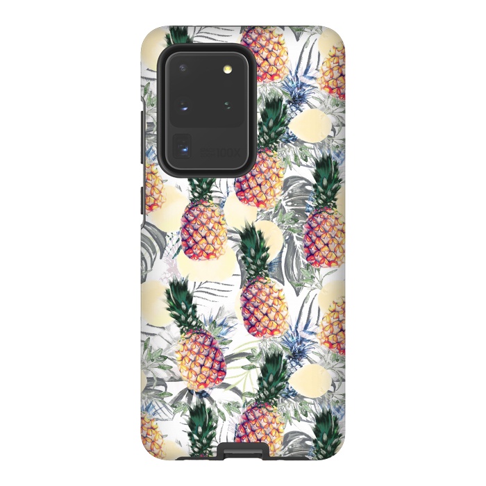 Galaxy S20 Ultra StrongFit Pineapples and tropical leaves colorful pattern by Oana 