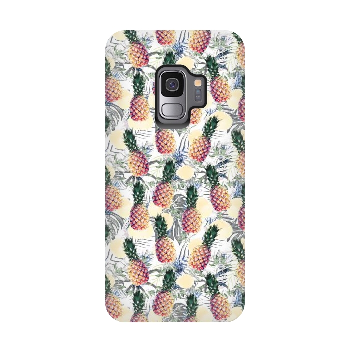 Galaxy S9 StrongFit Pineapples and tropical leaves colorful pattern by Oana 