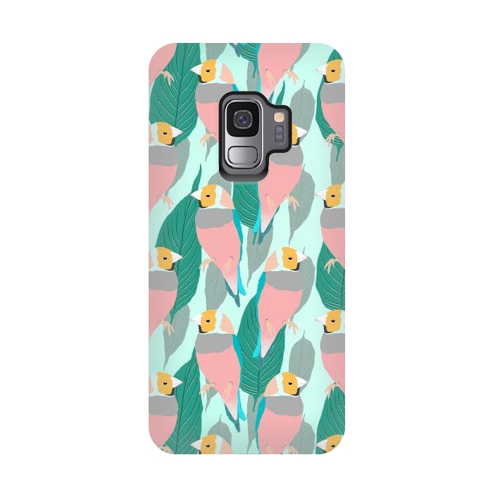 Galaxy S9 StrongFit Trendy Pink Rainbow Finch Bird & Green Foliage Design by InovArts