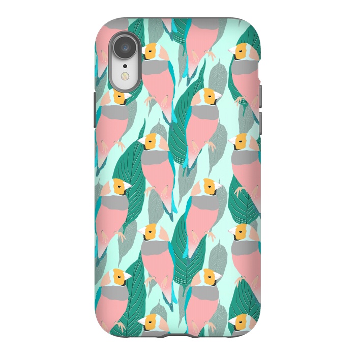 iPhone Xr StrongFit Trendy Pink Rainbow Finch Bird & Green Foliage Design by InovArts