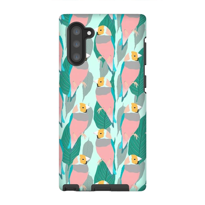 Galaxy Note 10 StrongFit Trendy Pink Rainbow Finch Bird & Green Foliage Design by InovArts