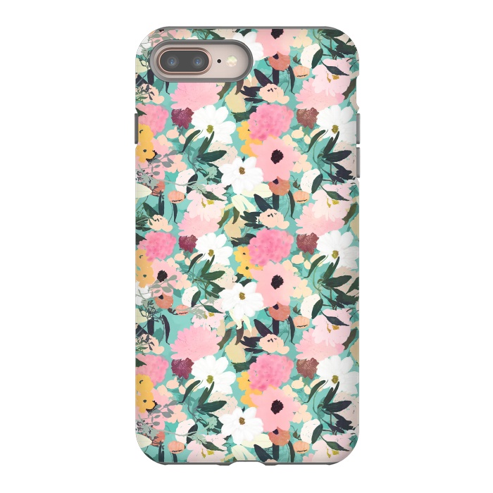 iPhone 7 plus StrongFit Pretty Watercolor Pink & White Floral Green Design by InovArts