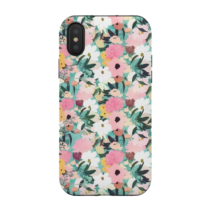 iPhone Xs / X StrongFit Pretty Watercolor Pink & White Floral Green Design by InovArts