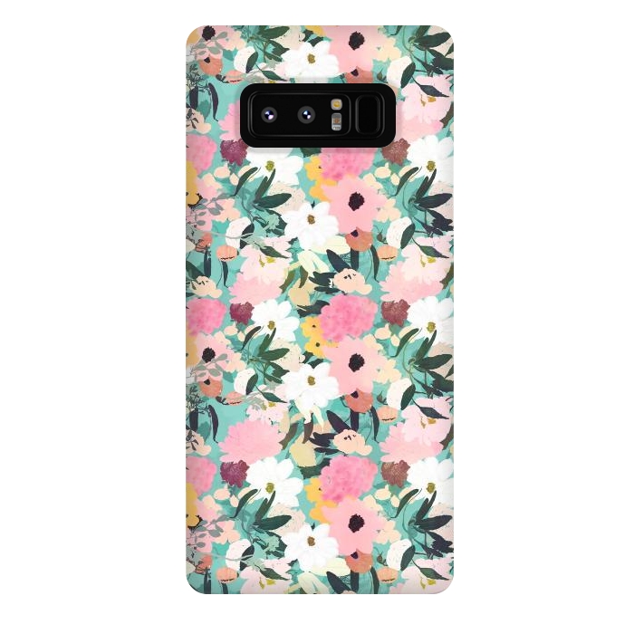 Galaxy Note 8 StrongFit Pretty Watercolor Pink & White Floral Green Design by InovArts