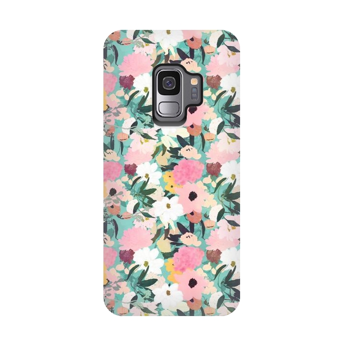Galaxy S9 StrongFit Pretty Watercolor Pink & White Floral Green Design by InovArts
