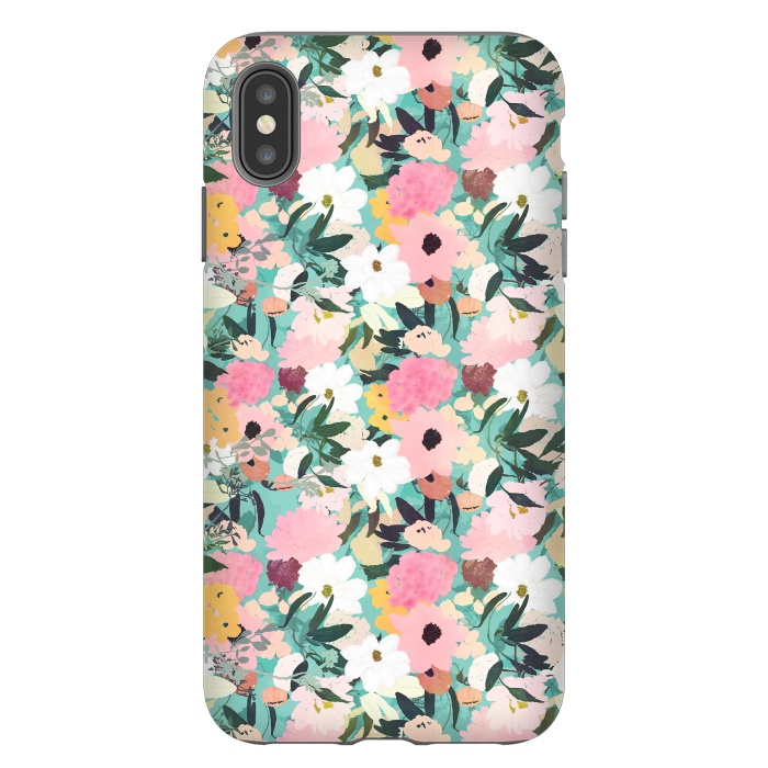 iPhone Xs Max StrongFit Pretty Watercolor Pink & White Floral Green Design by InovArts