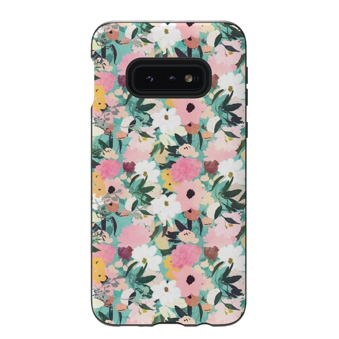 Galaxy S10e StrongFit Pretty Watercolor Pink & White Floral Green Design by InovArts