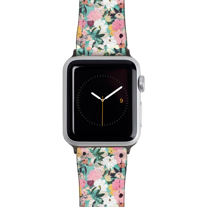 Watch 38mm / 40mm Strap PU leather Pretty Watercolor Pink & White Floral Green Design by InovArts