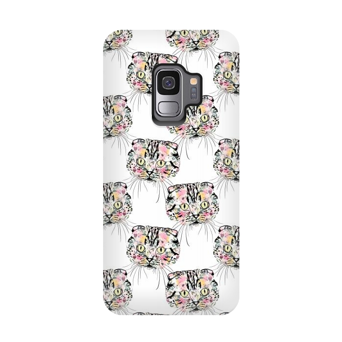 Galaxy S9 StrongFit Cute Pink Cat & watercolor flowers Animal Pattern by InovArts