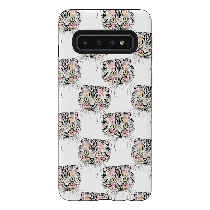 Galaxy S10 StrongFit Cute Pink Cat & watercolor flowers Animal Pattern by InovArts