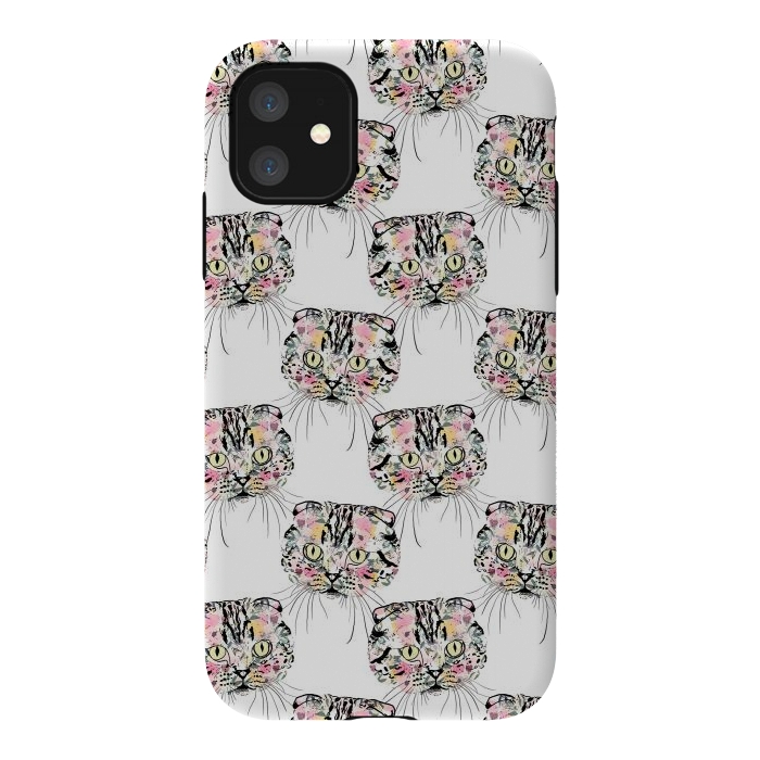 iPhone 11 StrongFit Cute Pink Cat & watercolor flowers Animal Pattern by InovArts