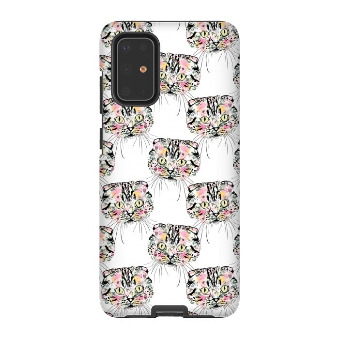 Galaxy S20 Plus StrongFit Cute Pink Cat & watercolor flowers Animal Pattern by InovArts
