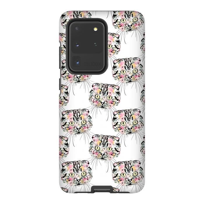 Galaxy S20 Ultra StrongFit Cute Pink Cat & watercolor flowers Animal Pattern by InovArts