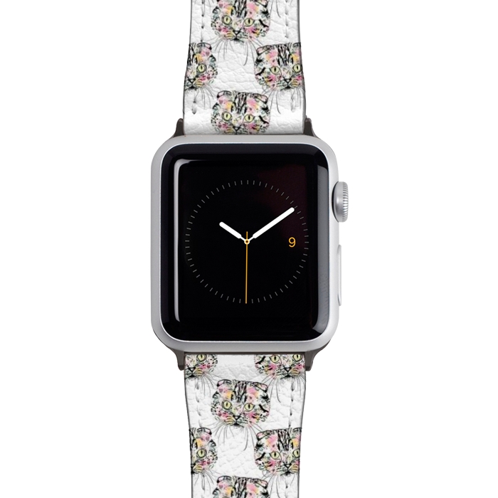 Watch 42mm / 44mm Strap PU leather Cute Pink Cat & watercolor flowers Animal Pattern by InovArts