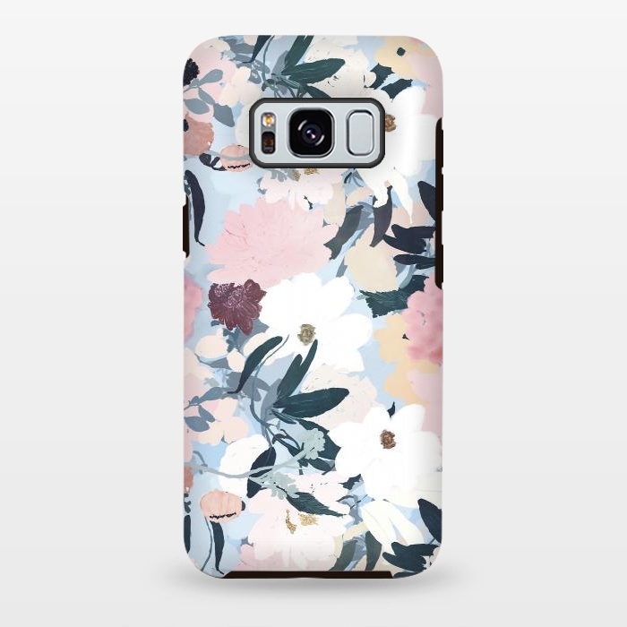 Galaxy S8 plus StrongFit Pretty Grayish Blue Watercolor Pink & White Floral Design by InovArts
