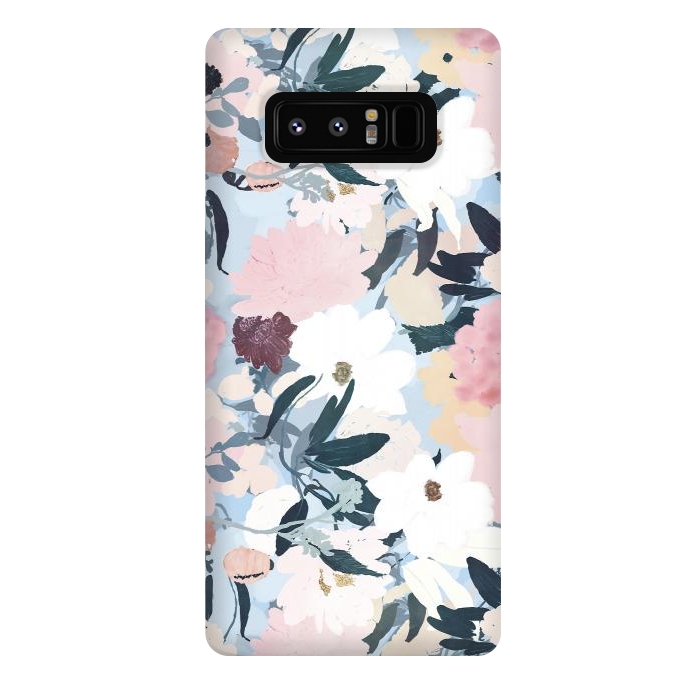 Galaxy Note 8 StrongFit Pretty Grayish Blue Watercolor Pink & White Floral Design by InovArts