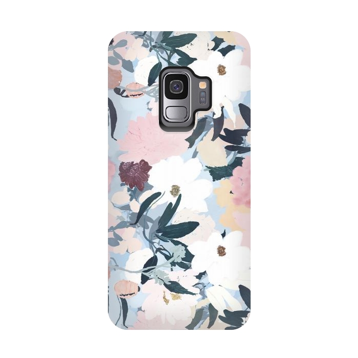 Galaxy S9 StrongFit Pretty Grayish Blue Watercolor Pink & White Floral Design by InovArts