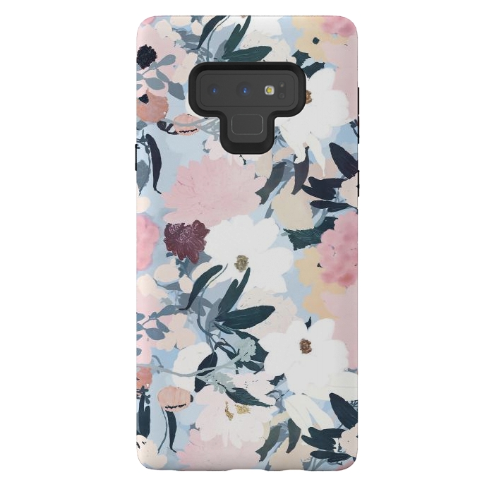 Galaxy Note 9 StrongFit Pretty Grayish Blue Watercolor Pink & White Floral Design by InovArts