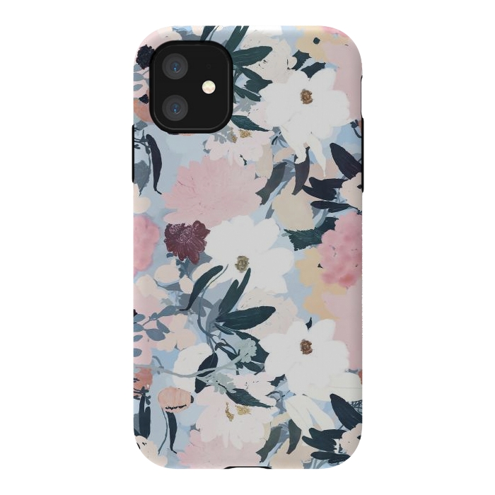 iPhone 11 StrongFit Pretty Grayish Blue Watercolor Pink & White Floral Design by InovArts