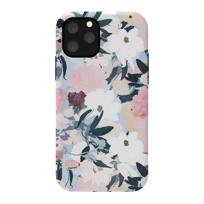 iPhone 11 Pro StrongFit Pretty Grayish Blue Watercolor Pink & White Floral Design by InovArts