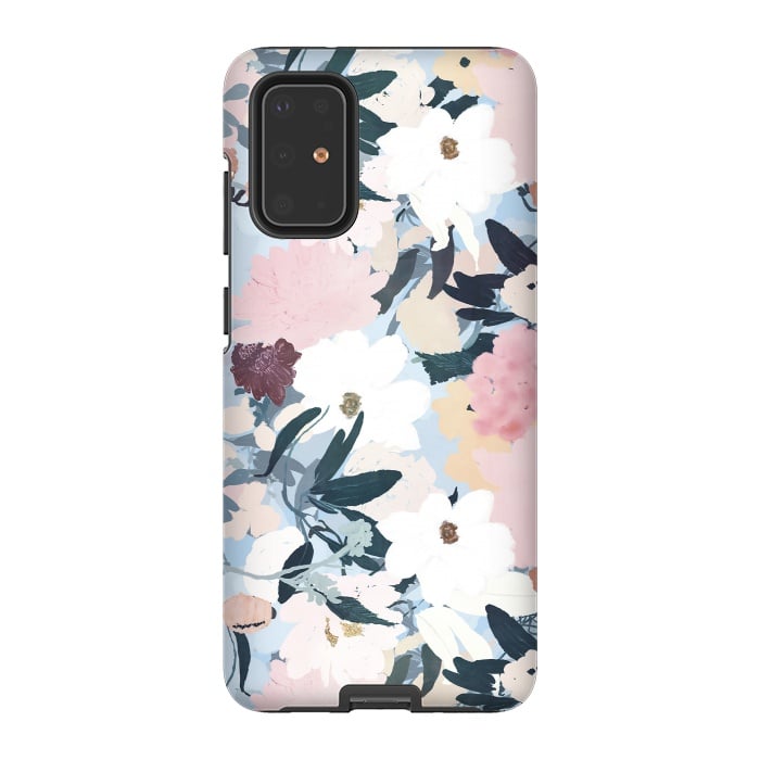 Galaxy S20 Plus StrongFit Pretty Grayish Blue Watercolor Pink & White Floral Design by InovArts