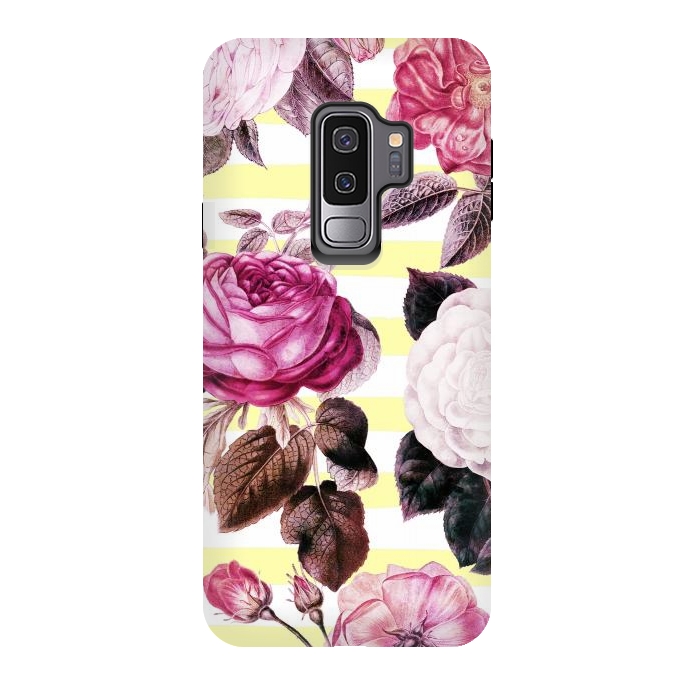 Galaxy S9 plus StrongFit Vintage romantic roses and bright yellow stripes by Oana 