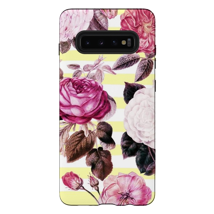 Galaxy S10 plus StrongFit Vintage romantic roses and bright yellow stripes by Oana 