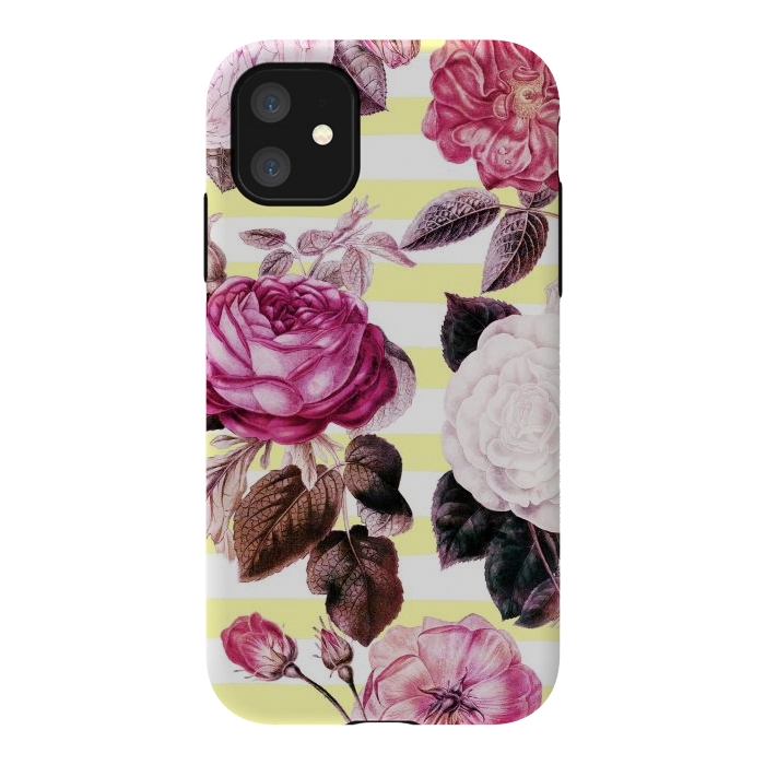 iPhone 11 StrongFit Vintage romantic roses and bright yellow stripes by Oana 