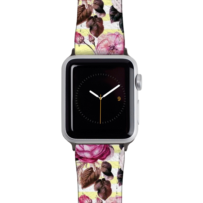 Watch 38mm / 40mm Strap PU leather Vintage romantic roses and bright yellow stripes by Oana 