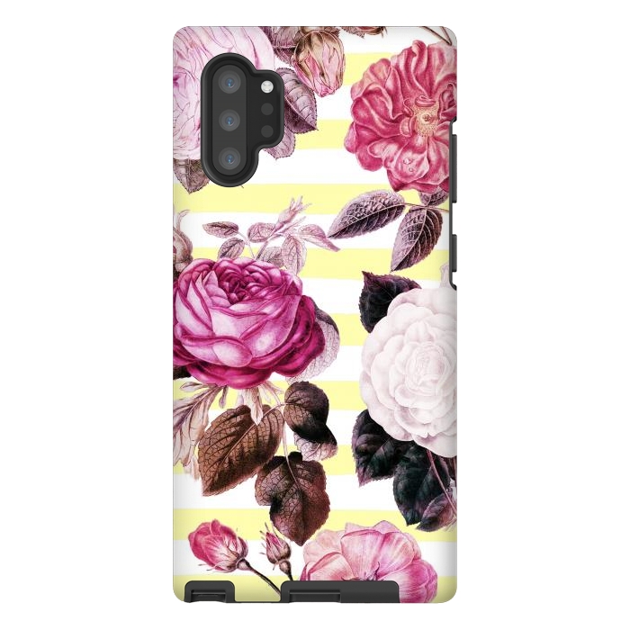 Galaxy Note 10 plus StrongFit Vintage romantic roses and bright yellow stripes by Oana 