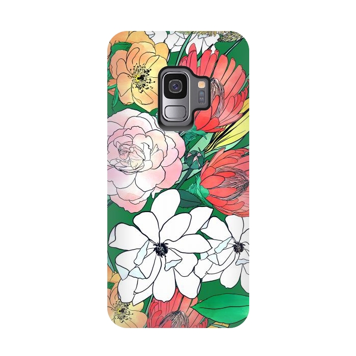 Galaxy S9 StrongFit Colorful Hand Drawn Flowers Green Girly Design by InovArts