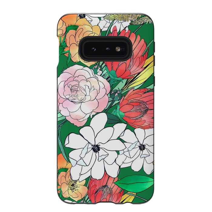Galaxy S10e StrongFit Colorful Hand Drawn Flowers Green Girly Design by InovArts