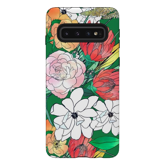 Galaxy S10 StrongFit Colorful Hand Drawn Flowers Green Girly Design by InovArts