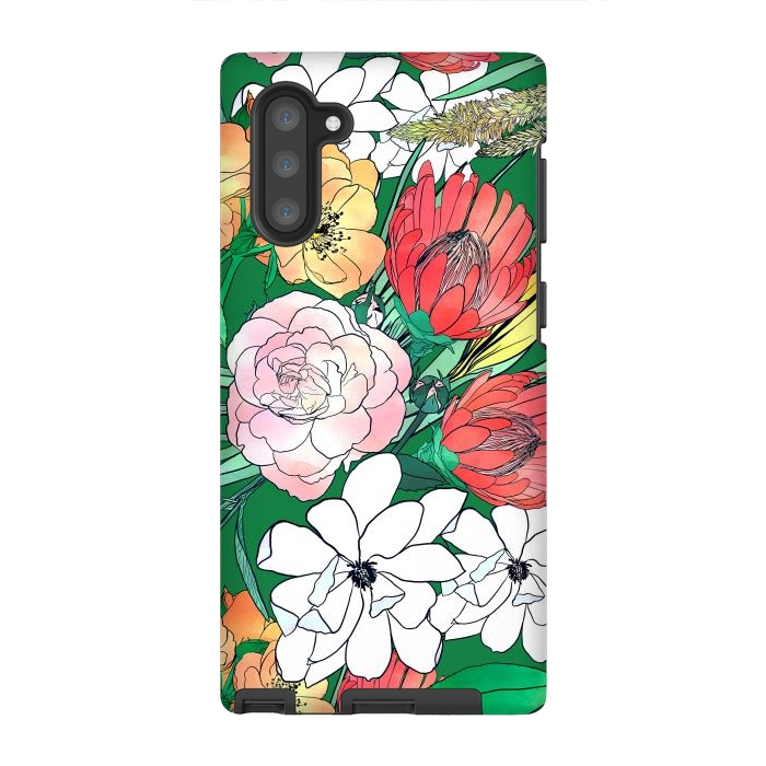 Galaxy Note 10 StrongFit Colorful Hand Drawn Flowers Green Girly Design by InovArts