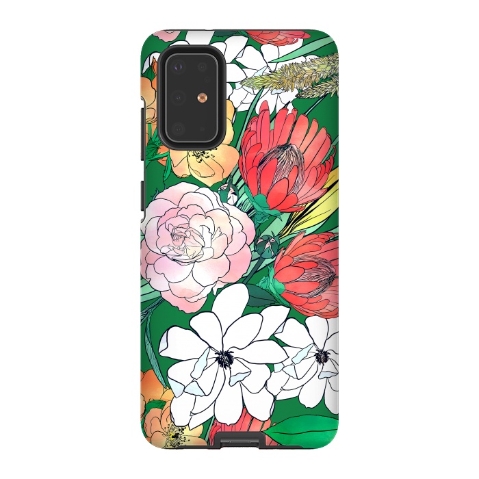 Galaxy S20 Plus StrongFit Colorful Hand Drawn Flowers Green Girly Design by InovArts
