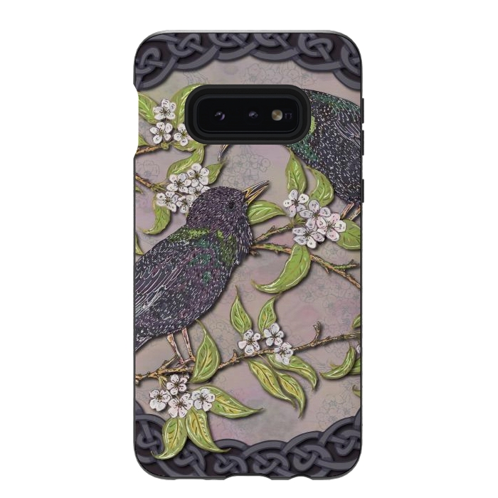 Galaxy S10e StrongFit Celtic Starlings in Blossom by Lotti Brown