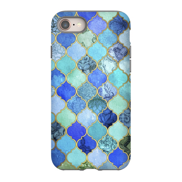 iPhone 8 StrongFit Cobalt Blue Aqua and Gold Decorative Moroccan Tile Pattern by Micklyn Le Feuvre