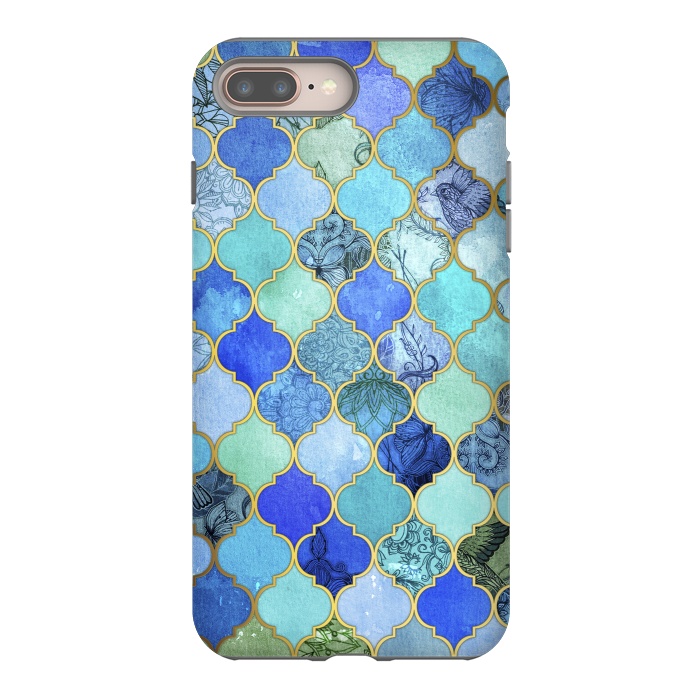 iPhone 8 plus StrongFit Cobalt Blue Aqua and Gold Decorative Moroccan Tile Pattern by Micklyn Le Feuvre