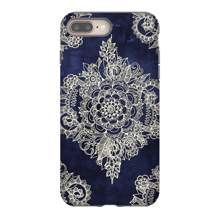 iPhone 8 plus StrongFit Cream Floral Moroccan Pattern on Deep Indigo Ink by Micklyn Le Feuvre