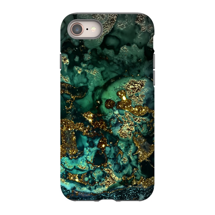 iPhone 8 StrongFit Indigo Green and Gold Glitter Ink Marble by  Utart