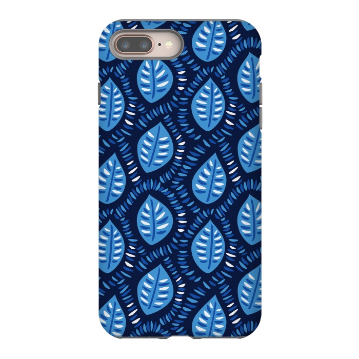 iPhone 8 plus StrongFit Blue Decorative Geometric Leaves Pattern by Boriana Giormova