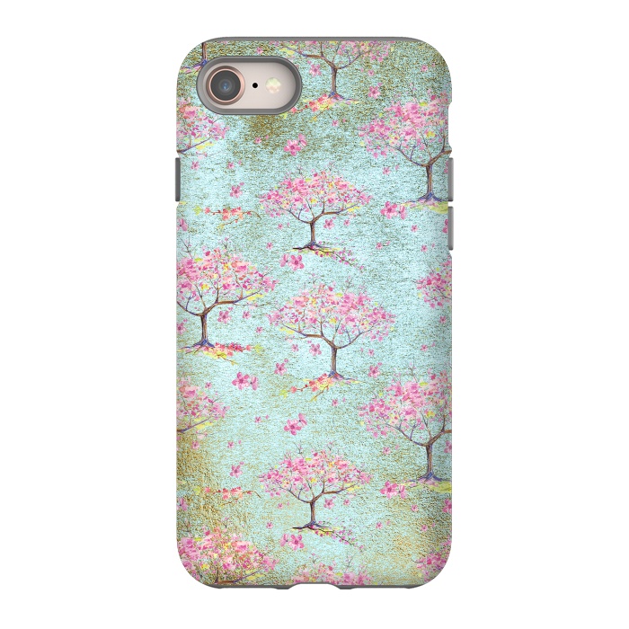 iPhone 8 StrongFit Shiny Teal Spring Metal Cherry Blossom Tree Pattern by  Utart