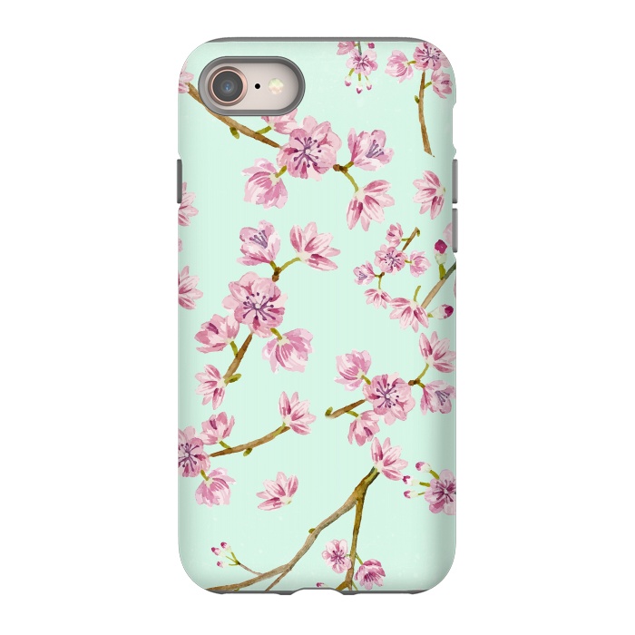 iPhone 8 StrongFit Aqua Teal and Pink Cherry Blossom Branch Spring Pattern by  Utart