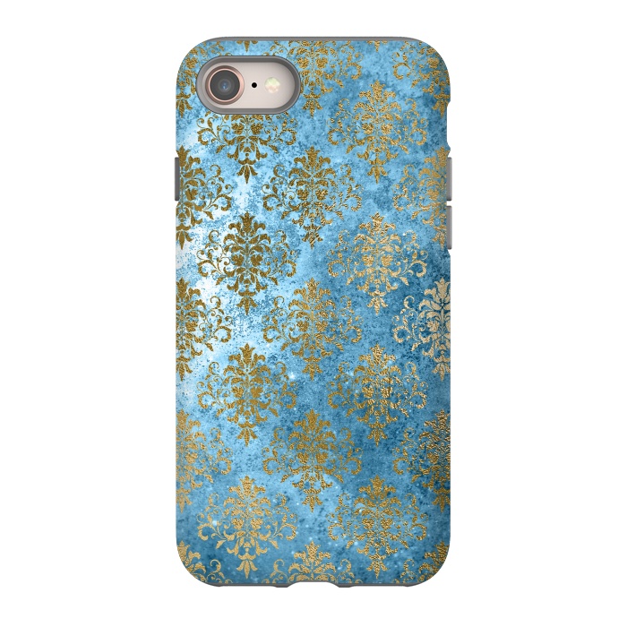 iPhone 8 StrongFit Blue and Gold Trendy Vintage Damask Pattern by  Utart