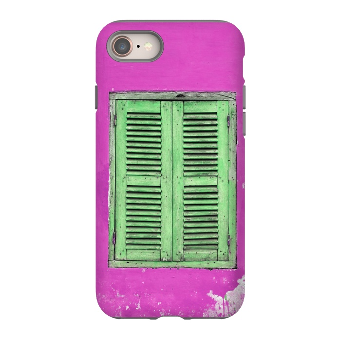 iPhone 8 StrongFit Turquoise Green Shutters In Pink Wall by Andrea Haase